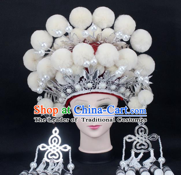 Traditional China Beijing Opera Young Lady Hair Accessories Female General Helmet, Ancient Chinese Peking Opera Swordplay White Venonat Headwear