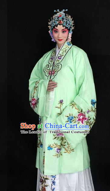 Traditional China Beijing Opera Young Lady Hua Tan Costume Light Green Embroidered Cape, Ancient Chinese Peking Opera Female Diva Embroidery Peony Dress Clothing