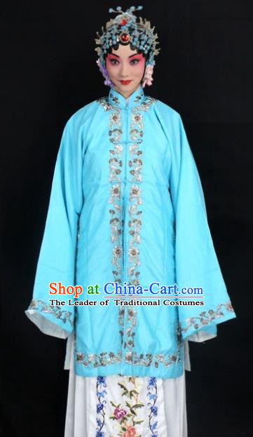 Traditional China Beijing Opera Young Lady Hua Tan Costume Female Blue Embroidered Cape, Ancient Chinese Peking Opera Diva Embroidery Dress Clothing