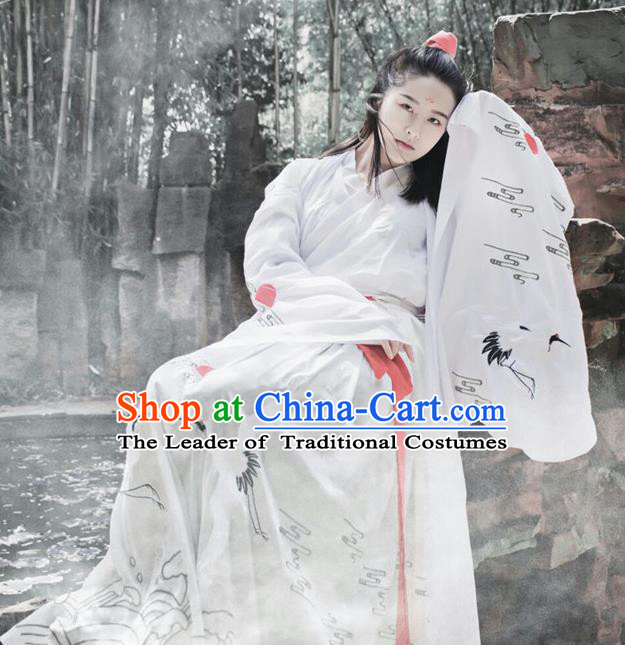 Traditional Chinese Jin Dynasty Young Lady Embroidery Cranes Costume, Elegant Hanfu Clothing Chinese Ancient Princess Dress Clothing for Women