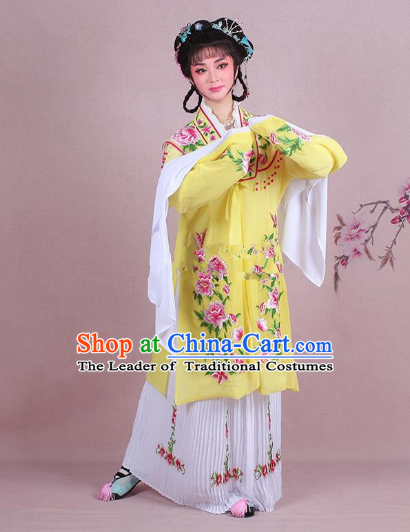 Traditional China Beijing Opera Young Lady Hua Tan Costume Embroidered Yellow Shawl, Ancient Chinese Peking Opera Diva Embroidery Dress Clothing