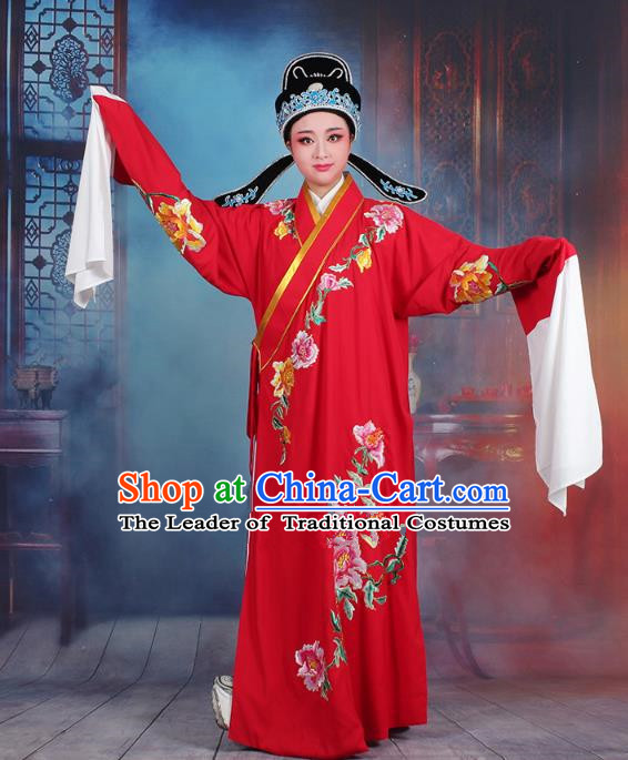 Traditional China Beijing Opera Niche Costume Gifted Scholar Red Embroidered Robe and Hat, Ancient Chinese Peking Opera Young Men Embroidery Peony Clothing