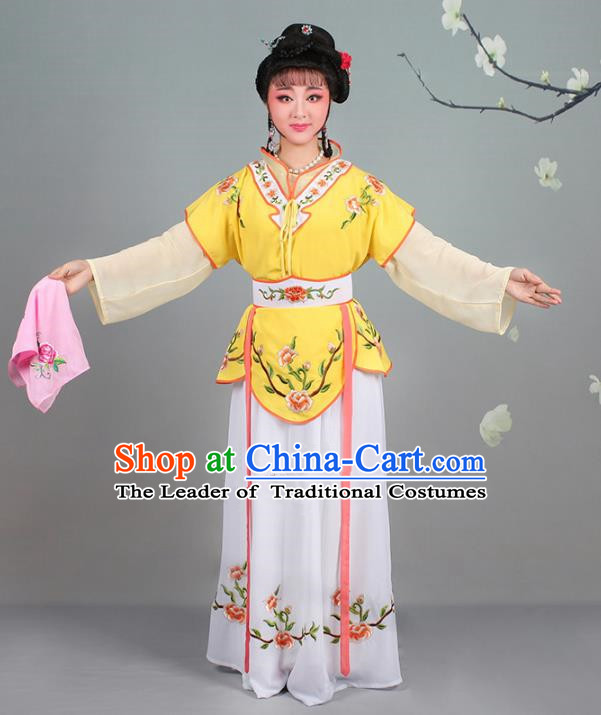 Traditional China Beijing Opera Young Lady Costume Servant Girl Embroidered Yellow Dress, Ancient Chinese Peking Opera Diva Jordan-Sitting Embroidery Clothing