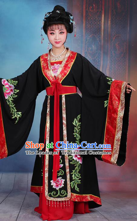 Traditional China Beijing Opera Young Lady Hua Tan Costume Black Embroidered Dress, Ancient Chinese Peking Opera Diva Senior Concubine Embroidery Peony Clothing