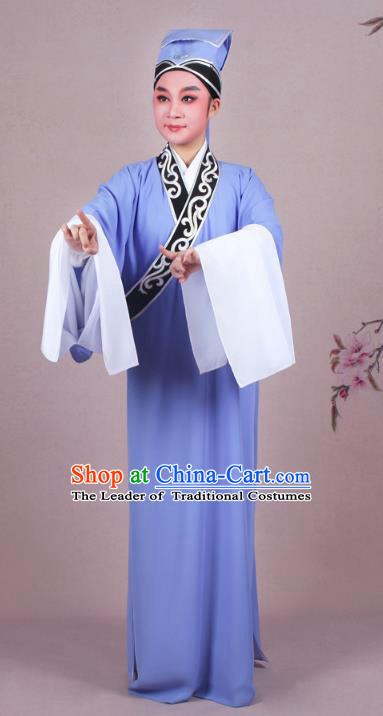 Traditional China Beijing Opera Niche Costume Scholar Embroidered Deep Blue Robe and Headwear, Ancient Chinese Peking Opera Young Men Clothing