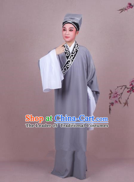 Traditional China Beijing Opera Niche Costume Scholar Embroidered Grey Robe and Headwear, Ancient Chinese Peking Opera Young Men Clothing