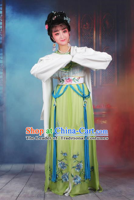 Traditional China Beijing Opera Young Lady Hua Tan Costume Green Embroidered Dress, Ancient Chinese Peking Opera Diva Senior Concubine Embroidery Peony Clothing