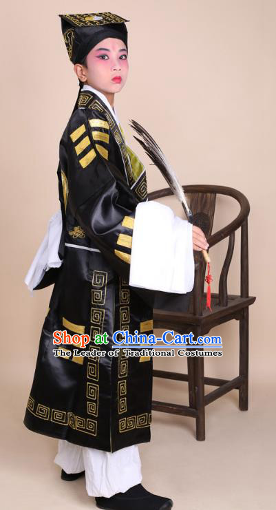 Traditional China Beijing Opera Zhuge Liang Costume Taoist Black Embroidered Robe and Headwear, Ancient Chinese Peking Opera Taoism Embroidery Gossip Clothing for Kids