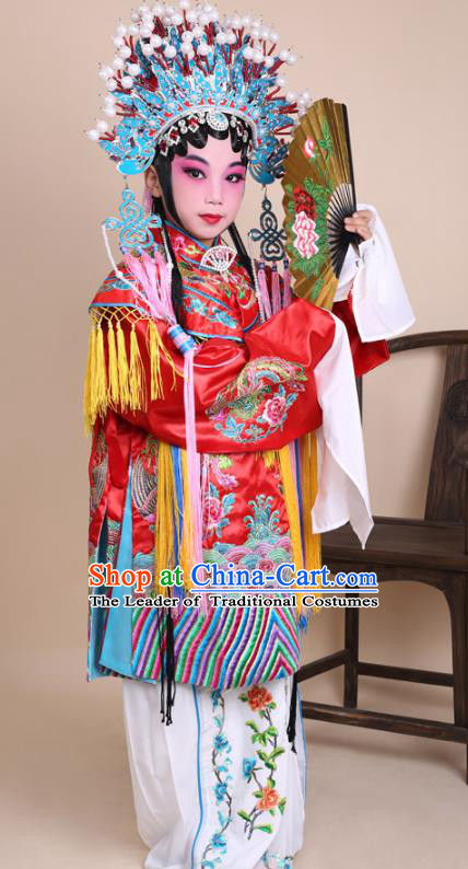 Traditional China Beijing Opera Costume Senior Concubine Red Embroidered Robe and Headwear, Ancient Chinese Peking Opera Diva Hua Tan Embroidery Dress Clothing for Kids