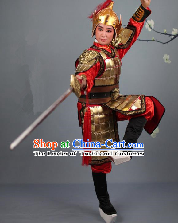 Traditional China Beijing Opera Swordplay Helmet and Armour Costume, Ancient Chinese Peking Opera Blues Female General Corselet Clothing