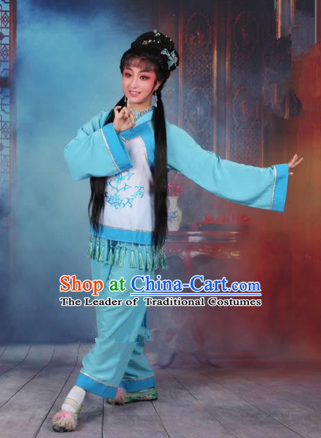 Top Grade Professional Beijing Opera Young Lady Costume Fisher Maiden Blue Embroidered Clothing, Traditional Ancient Chinese Peking Opera Maidservants Embroidery Clothing
