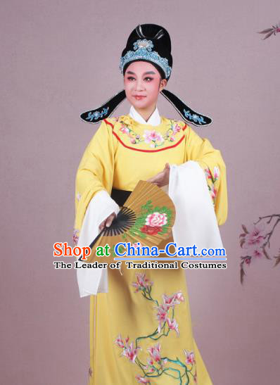 Traditional China Beijing Opera Niche Costume Yellow Embroidered Robe and Headwear, Ancient Chinese Peking Opera Embroidery Mangnolia Lang Scholar Clothing