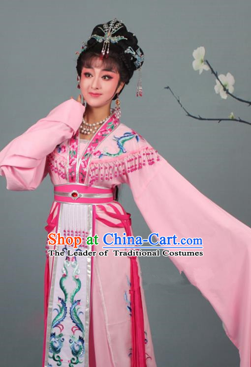 Top Grade Professional Beijing Opera Palace Lady Costume Hua Tan Pink Embroidered Dress, Traditional Ancient Chinese Peking Opera Diva Embroidery Phoenix Clothing