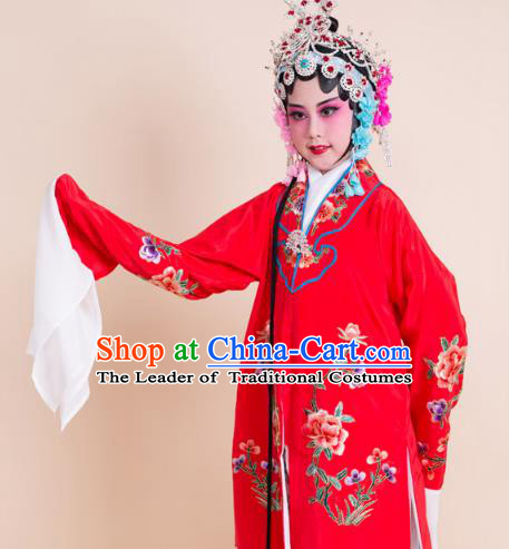 Top Grade Professional China Beijing Opera Costume Red Embroidered Cape, Ancient Chinese Peking Opera Diva Hua Tan Embroidery Dress Clothing for Kids