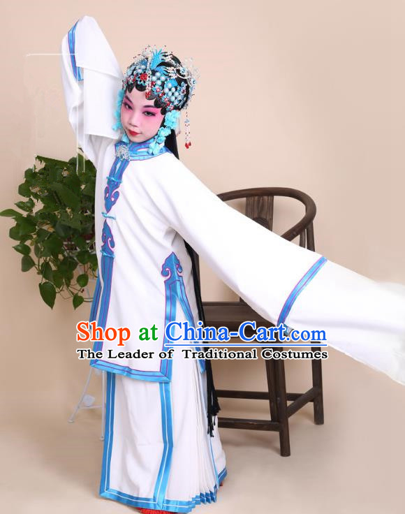 Top Grade Professional China Beijing Opera Costume White Dress, Ancient Chinese Peking Opera Diva Hua Tan Embroidery Clothing for Kids