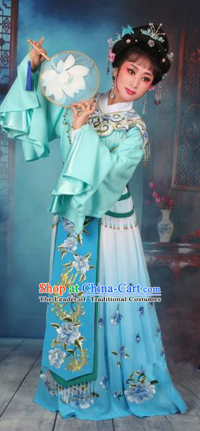 Top Grade Professional Beijing Opera Diva Costume Hua Tan Blue Embroidered Dress, Traditional Ancient Chinese Peking Opera Princess Embroidery Peony Clothing