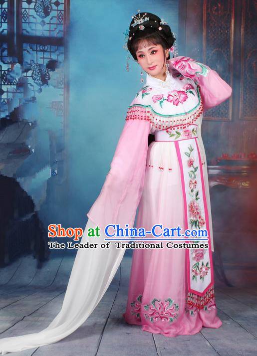 Top Grade Professional Beijing Opera Diva Costume Palace Lady Pink Embroidered Dress, Traditional Ancient Chinese Peking Opera Princess Embroidery Peony Clothing