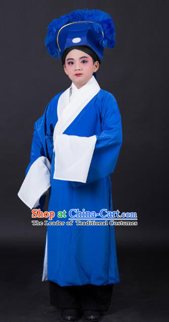 Top Grade Professional Beijing Opera Niche Costume Scholar Blue Robe and Headwear, Traditional Ancient Chinese Peking Opera Embroidery Clothing for Kids