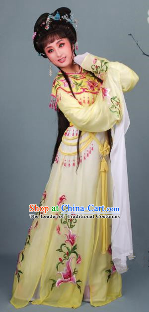 Top Grade Professional Beijing Opera Diva Costume Hua Tan Yellow Embroidered Clothing, Traditional Ancient Chinese Peking Opera Princess Embroidery Dress