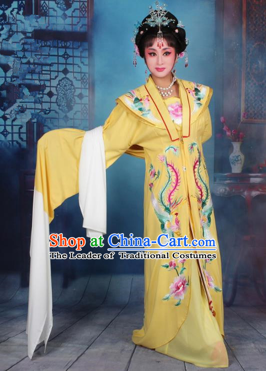 Top Grade Professional Beijing Opera Palace Lady Costume Hua Tan Embroidered Yellow Dress, Traditional Ancient Chinese Peking Opera Diva Embroidery Clothing