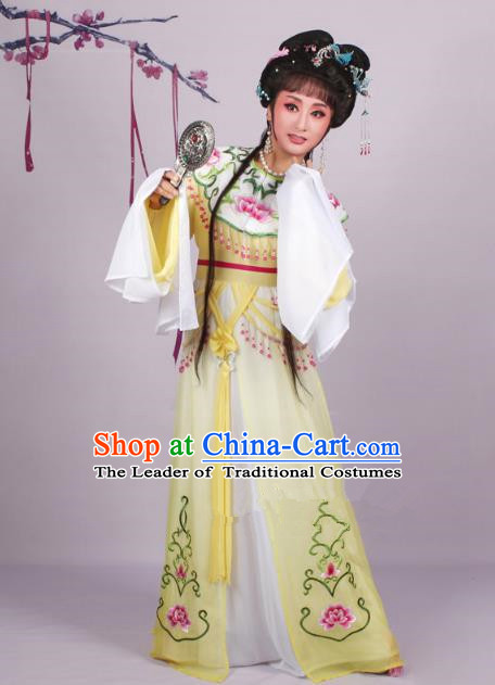 Top Grade Professional Beijing Opera Diva Costume Yellow Embroidered Dress, Traditional Ancient Chinese Peking Opera Hua Tan Princess Embroidery Clothing