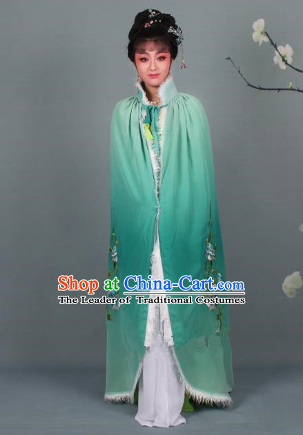 Top Grade Professional Beijing Opera Diva Costume Green Embroidered Cloak, Traditional Ancient Chinese Peking Opera Hua Tan Princess Embroidery Mantle