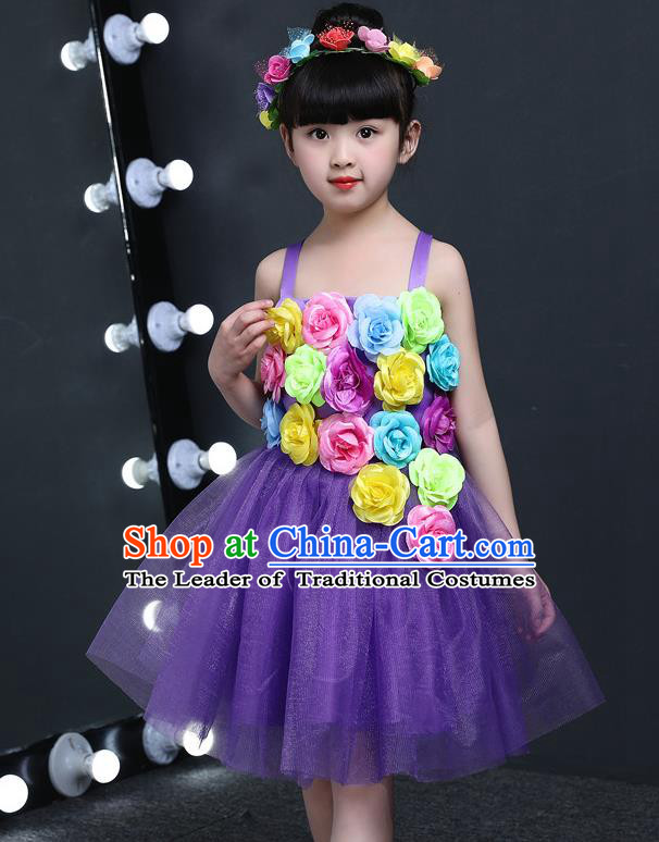 Top Grade Chinese Professional Performance Catwalks Costume, Children Princess Flowers Purple Veil Dress Modern Dance Clothing for Girls Kids
