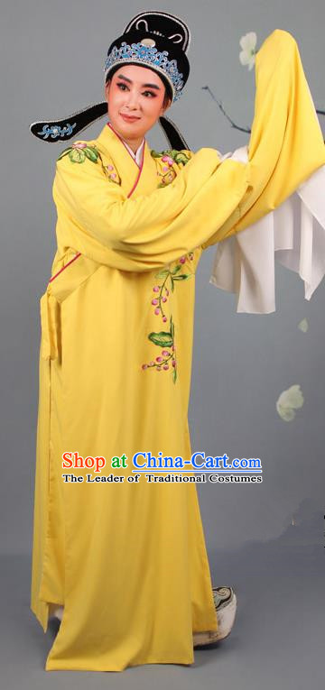 Top Grade Professional Beijing Opera Niche Costume Gifted Scholar Yellow Embroidered Robe and Headwear, Traditional Ancient Chinese Peking Opera Embroidery Peach Blossom Clothing