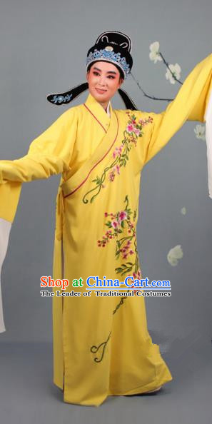 Top Grade Professional Beijing Opera Niche Costume Gifted Scholar Yellow Embroidered Robe and Headwear, Traditional Ancient Chinese Peking Opera Embroidery Roses Clothing