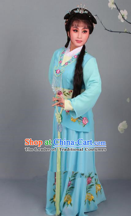 Top Grade Professional Beijing Opera Young Lady Costume Blue Embroidered Dress, Traditional Ancient Chinese Peking Opera Maidservants Embroidery Clothing