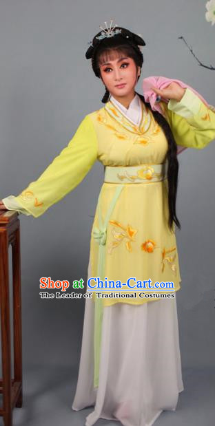 Top Grade Professional Beijing Opera Young Lady Costume Yellow Hua Tan Embroidered Dress, Traditional Ancient Chinese Peking Opera Maidservants Embroidery Clothing