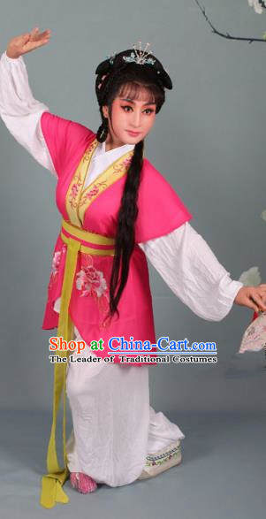 Top Grade Professional Beijing Opera Young Lady Costume Handmaiden Peach Red Embroidered Suit, Traditional Ancient Chinese Peking Opera Maidservants Embroidery Clothing