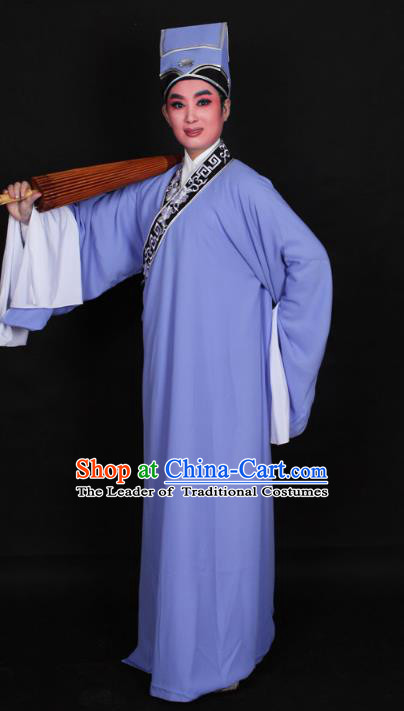 Top Grade Professional Beijing Opera Niche Costume Scholar Blue Robe Priest Frock, Traditional Ancient Chinese Peking Opera Young Men Embroidery Clothing