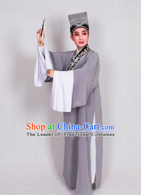 Top Grade Professional Beijing Opera Niche Costume Scholar Grey Robe Priest Frock, Traditional Ancient Chinese Peking Opera Young Men Embroidery Clothing