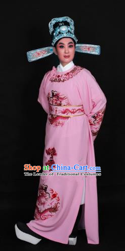 Top Grade Professional Beijing Opera Niche Costume Lang Scholar Pink Embroidered Robe and Hat, Traditional Ancient Chinese Peking Opera Young Men Embroidery Dragons Clothing