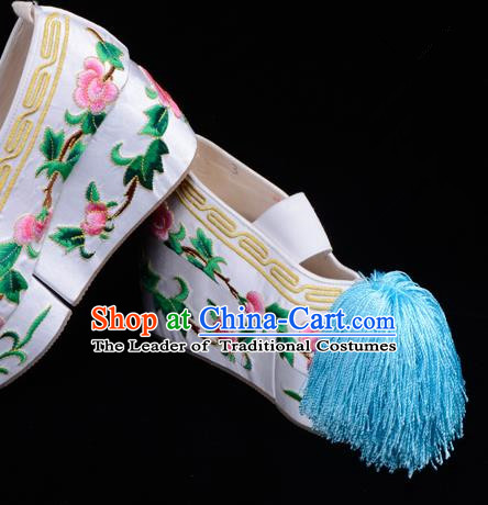 Top Grade Professional Beijing Opera Hua Tan Embroidered White Shoes, Traditional Ancient Chinese Peking Opera Diva Princess Blood Stained Shoes