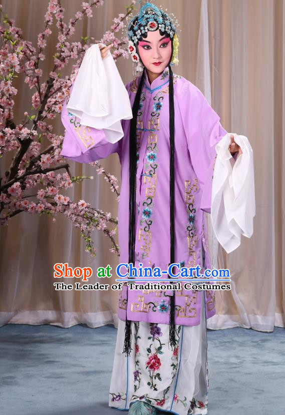 Top Grade Professional Beijing Opera Diva Costume Palace Lady Lilac Embroidered Cape, Traditional Ancient Chinese Peking Opera Princess Embroidery Dress Clothing