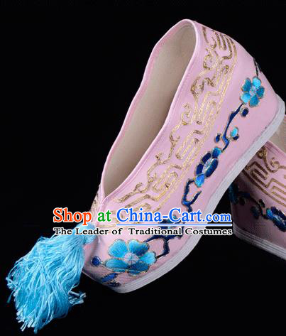 Top Grade Professional Beijing Opera Hua Tan Embroidered Plum BlossomHidden Elevator Pink Satin Shoes, Traditional Ancient Chinese Peking Opera Diva Princess Blood Stained Shoes
