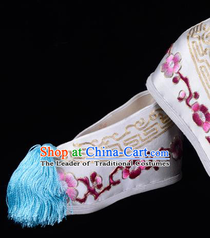 Top Grade Professional Beijing Opera Hua Tan Embroidered Plum Blossom Hidden Elevator White Satin Shoes, Traditional Ancient Chinese Peking Opera Diva Princess Blood Stained Shoes