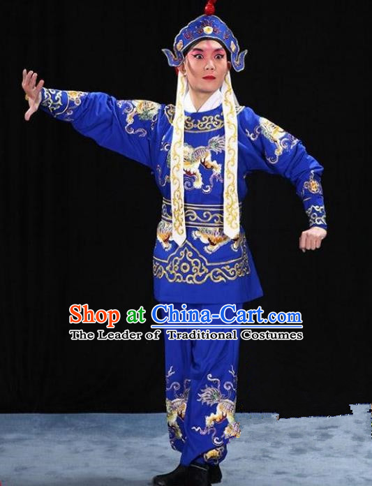Traditional China Beijing Opera Takefu Costume and Boots, Ancient Chinese Peking Opera Wu-Sheng Warrior Embroidery Blue Clothing