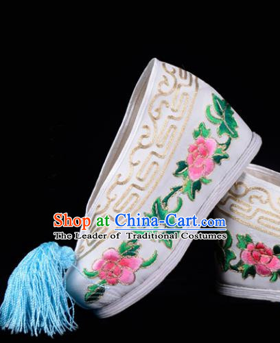 Top Grade Professional Beijing Opera Hua Tan Embroidered Peony Hidden Elevator White Satin Shoes, Traditional Ancient Chinese Peking Opera Diva Princess Blood Stained Shoes