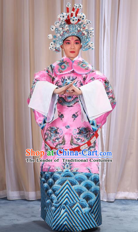Top Grade Professional Beijing Opera Emperor Costume Pink Embroidered Robe and Shoes, Traditional Ancient Chinese Peking Opera Royal Highness Gwanbok Clothing