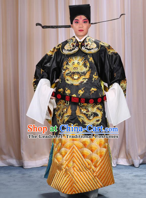 Top Grade Professional Beijing Opera Emperor Costume Black Embroidered Robe and Shoes, Traditional Ancient Chinese Peking Opera Royal Highness Gwanbok Clothing