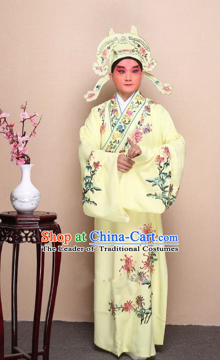 Top Grade Professional Beijing Opera Niche Costume Gifted Scholar Yellow Embroidered Chrysanthemum Robe, Traditional Ancient Chinese Peking Opera Embroidery Clothing