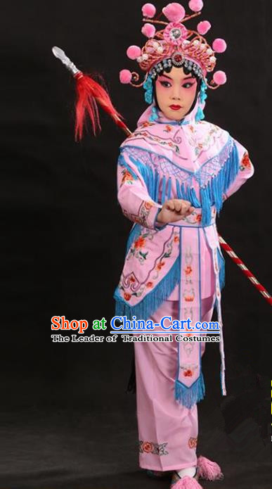 Traditional China Beijing Opera Female General Pink Costume and Headwear Complete Set, Ancient Chinese Peking Opera Swordplay Embroidery Clothing for Kids