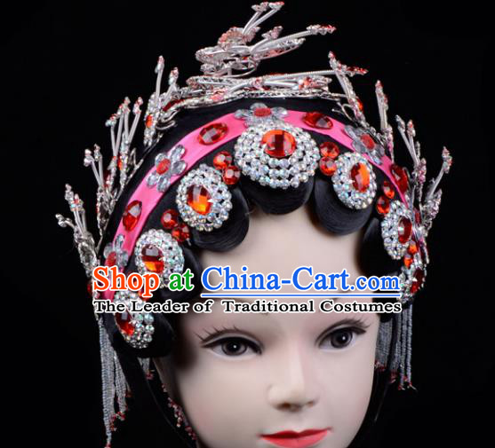 Traditional China Beijing Opera Palace Princess Hair Accessories Red Crystal Head-ornaments Complete Set, Ancient Chinese Peking Opera Tassel Step Shake Women Hairpins Diva Kanzashi Headwear