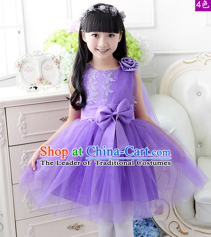 Top Grade Chinese Compere Professional Performance Catwalks Costume, Children Purple Veil Bubble Dress Modern Dance Dress for Girls Kids