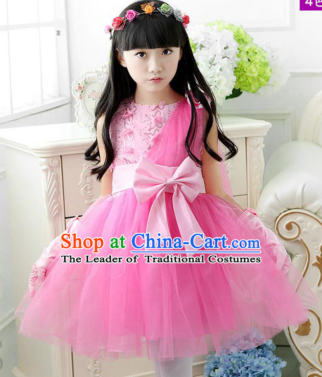 Top Grade Chinese Compere Professional Performance Catwalks Costume, Children Pink Veil Bubble Dress Modern Dance Dress for Girls Kids