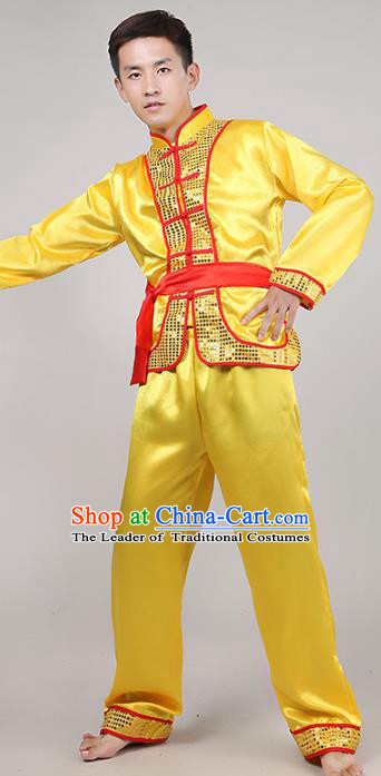 Traditional Chinese Classical Dance Yangge Fan Dance Costume, Folk Dance Drum Dance Uniform Yangko Yellow Clothing Complete Set for Men