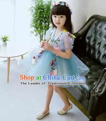 Top Grade Chinese Compere Professional Performance Catwalks Costume, Children Flower Faerie Blue Veil Bubble Dress Modern Dance Dress for Girls Kids